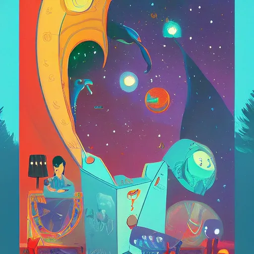 Image similar to a painting of in a dream, are all the characters really you?, poster art by tim biskup, behance contest winner, space art, poster art, wallpaper, digital illustration