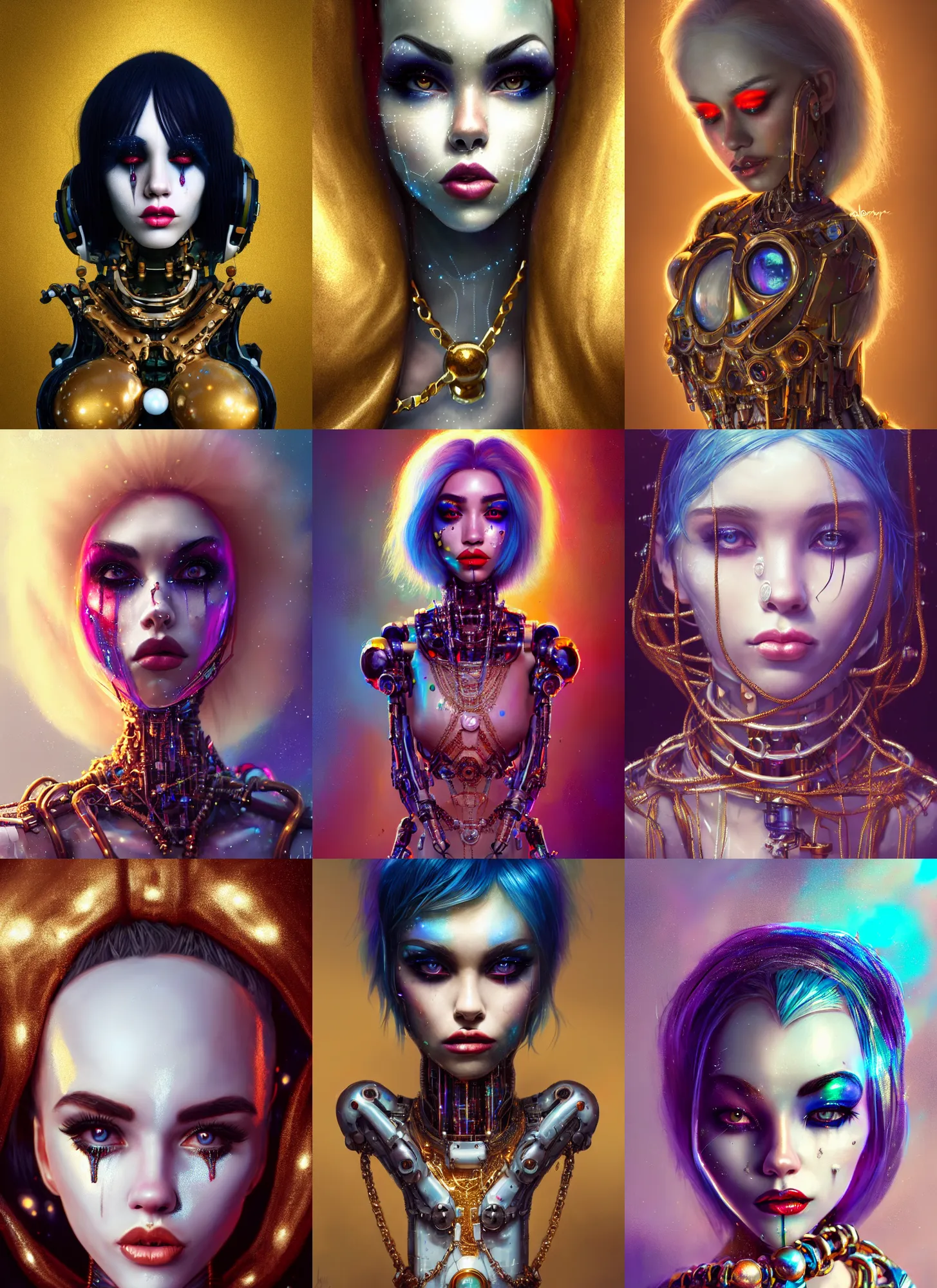 Prompt: disney 8 k photo, gorgeous shiny sweaty grand pearlescent chained white emo clowncore hardwood cyborg madison beer, fashion art, ( golden ratio ), arctic, sci fi, fantasy, cyberpunk, intricate, decadent, highly detailed, digital painting, octane render, artstation, concept art, smooth, sharp focus, illustration, art by loish, wlop