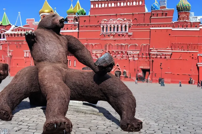 Image similar to a gigantic statue of bear holding vodka in the middle of the red square, excited russians, symmetry, awesome exposition, very detailed, highly accurate, 8 k