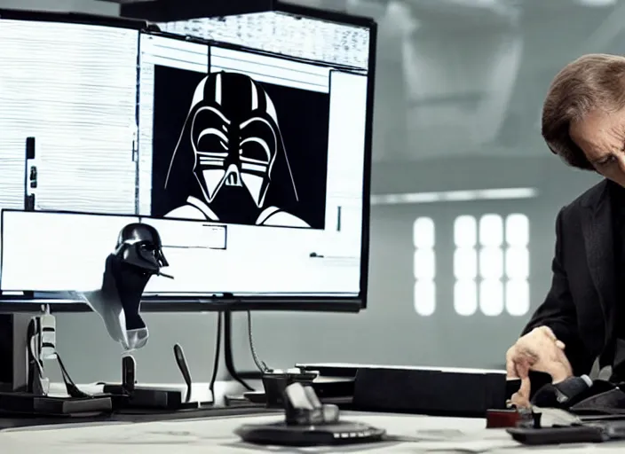 Prompt: film still of Darth Vader working in and office at a computer bored in the new Star Wars movie, 4k