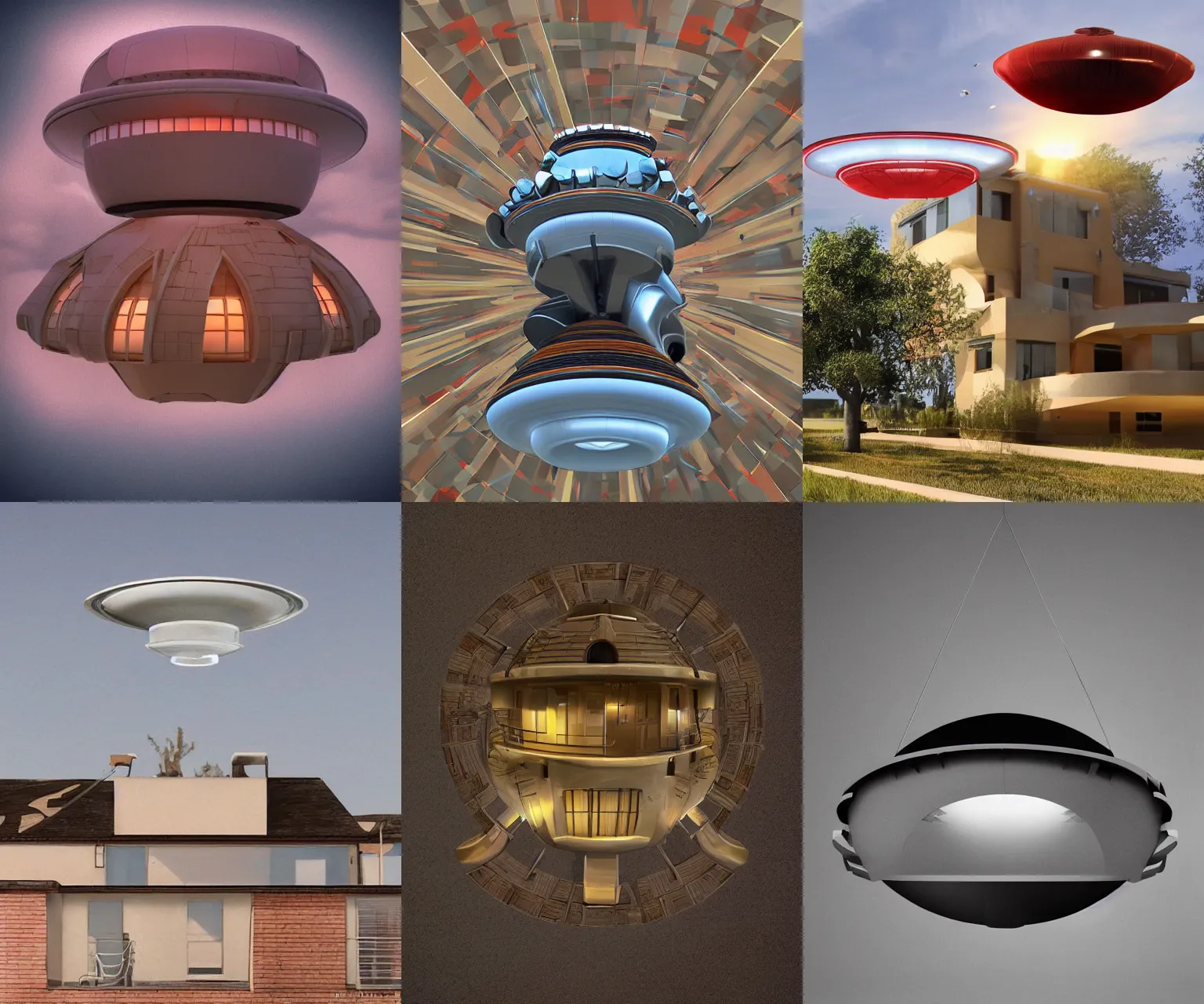Prompt: retro-futurism style-art deco- 3d UFO above house