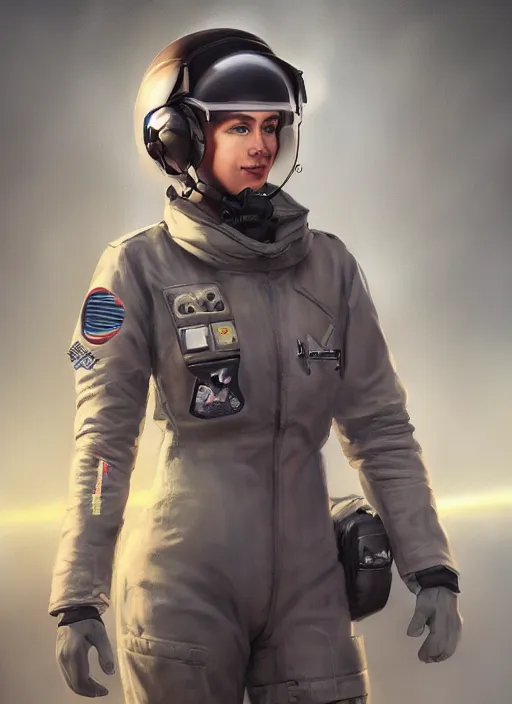 Prompt: full body concept art airbrushed painting of a female pilot, airbrushed painting, stunning, featured on artstation, cinematic lighting, hyperdetailed, cgsociety, 8k, dramatic, dark atmosphere, alluring