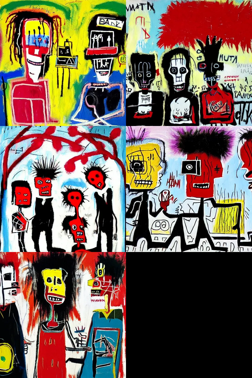 Prompt: an hd painting by jean - michel basquiat. three goths loitering in the shade, talking beneath a cherry tree outside a blockbuster video store.