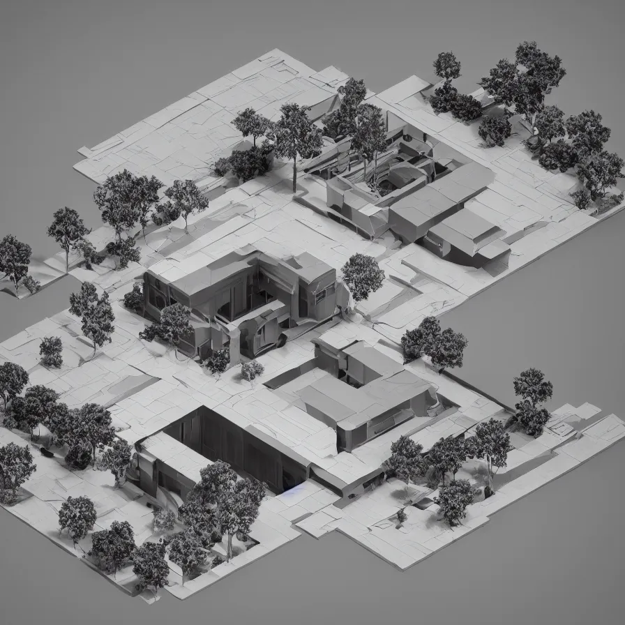 Prompt: isometric view, 3 d render, studio lighting, wood and paper, low contrast, dark background, highly detailed, single building, single plot, circular shape, courtyard, the loop, apple campus, medium height, tree