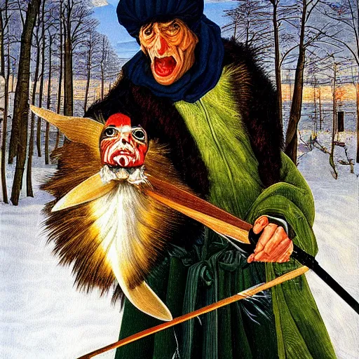 Prompt: Satan is ice fishing in Bavaria , oil painting, hyper detailed, hyper realistic, by Botticelli, portrait