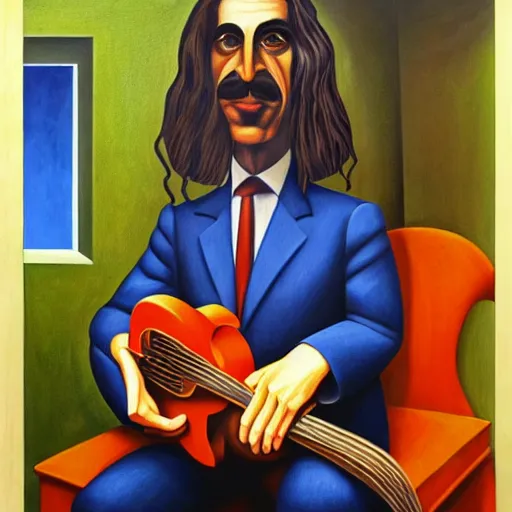 Image similar to robotic frank zappa portrait, long hair, grant wood, pj crook, edward hopper, oil on canvas