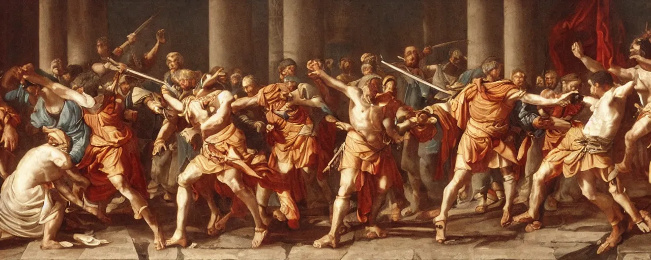 Prompt: A 17th century Baroque Painting of Jerma985 assassinating Julius Caesar in Ancient Rome, grainy, realistic, very realistic, hyperrealistic, highly detailed, very detailed, extremely detailed, very neat, very epic, very cool, detailed, trending on artstation