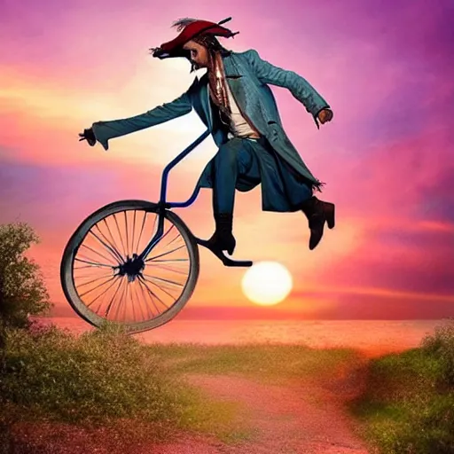 Prompt: a dreamy, colorful pictures of captain jack sparrow riding a unicycle, to the sunset.