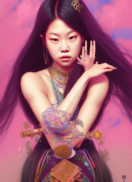 Image similar to jennie kim of blackpink, queen, tarot card, highly detailed, digital painting, smooth, sharp focus, illustration, ultra realistic, unreal engine, 8 k, art by simon bisley and greg rutkowski and alphonse mucha