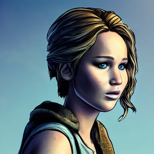 Image similar to jennifer lawrence portrait, borderlands, tales from the borderlands, the wolf among us, comic, cinematic lighting, studio quality, 8 k