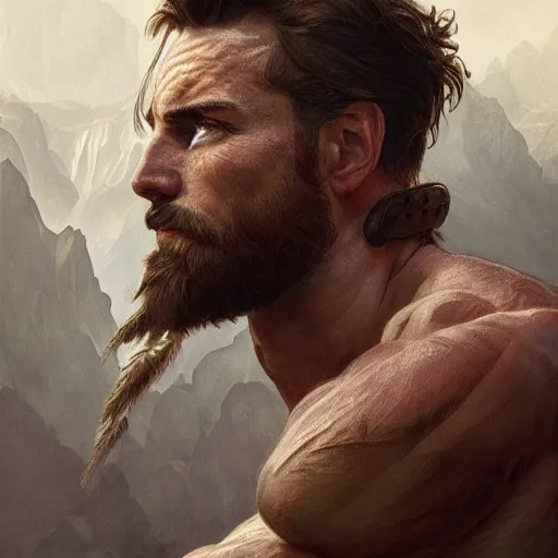 Image similar to portrait of a rugged ranger, muscular, upper body, hairy torso, d & d, fantasy, intricate, elegant, highly detailed, digital painting, artstation, concept art, smooth, sharp focus, illustration, art by artgerm and greg rutkowski and alphonse mucha