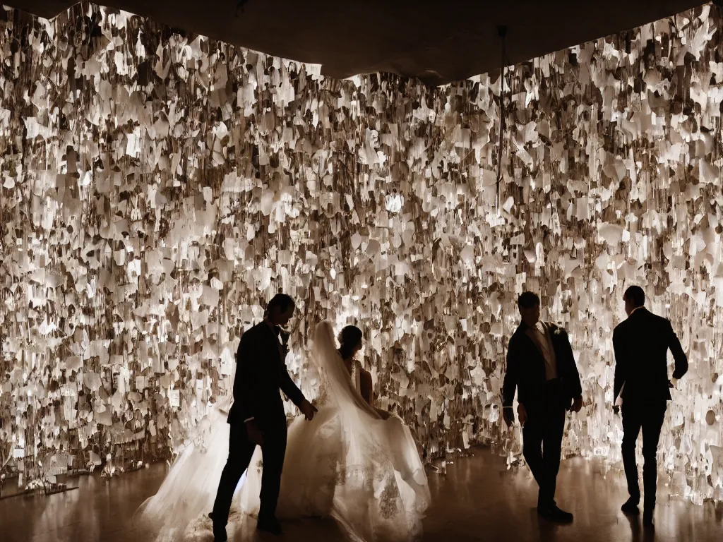 Image similar to a bride and groom walking into a diary paper installation fairytale, romantic hyper detailed cinematic light