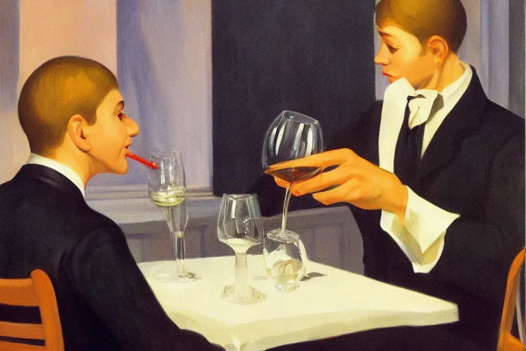 Prompt: sommelier pouring a glass of wine for discerning guest at a fancy restaurant, picture in style of Edward Hopper,