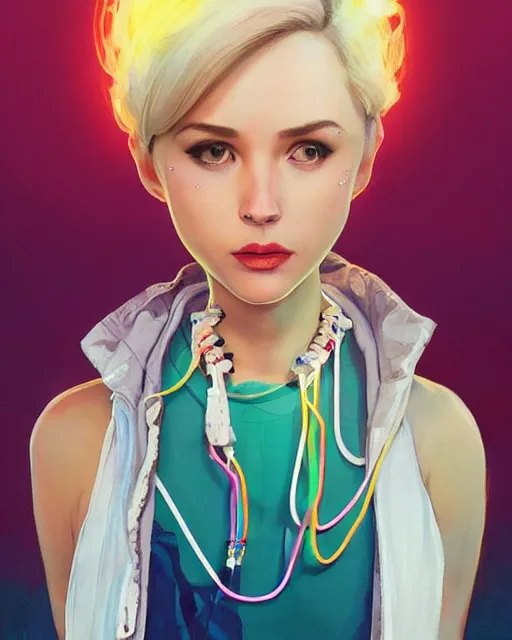 Prompt: half - electricity woman, white and multicolored hair and several necklaces around her neck, with cute - fine - face, pretty face, realistic shaded perfect face, fine details by realistic shaded lighting poster by ilya kuvshinov katsuhiro otomo, magali villeneuve, artgerm, jeremy lipkin and michael garmash and rob rey