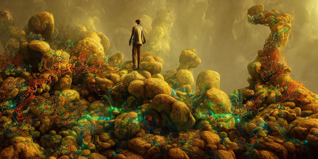 Image similar to Photorealistic intricate detailed levitating man made from colorful fungus tendrils. a gentle rising mist, an epic rocky landscape. occult photorealism, UHD, amazing depth, glowing, golden ratio, 3D octane cycle unreal engine 5, volumetric lighting, cinematic lighting, cgstation artstation concept art