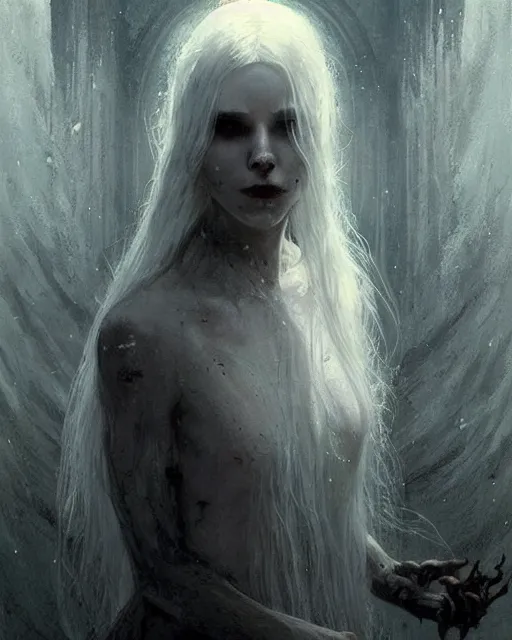 Prompt: abeloth, scary young woman, long white hair, creepy, horror, elegant, ethereal horror fantasy art by greg rutkowski and magali villeneuve and claude monet