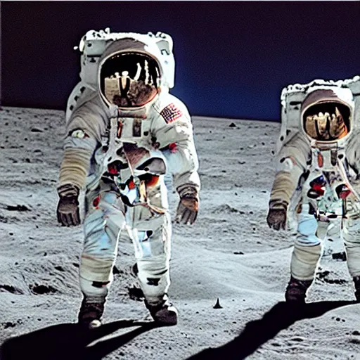 Prompt: astronauts walking about on the moon with the earth in the background. in the style of howard finster painting.