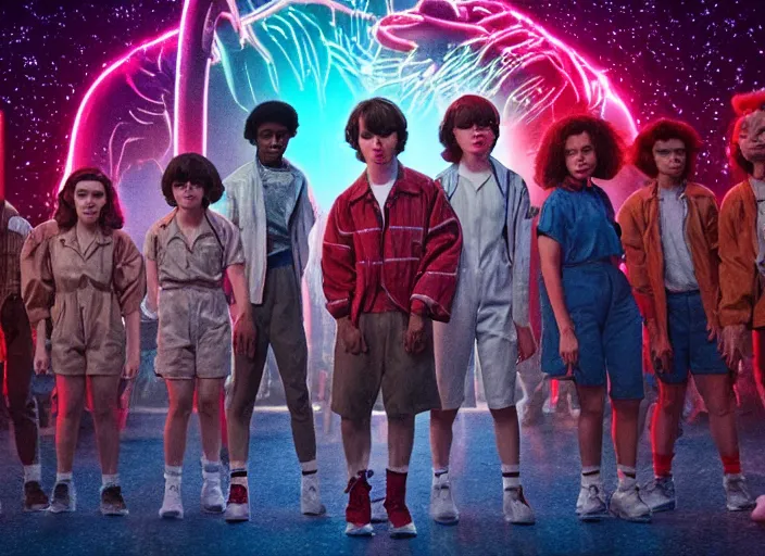 Image similar to the cast of stranger things having a dance battle with the demogorgon, extremely detailed, high quality, 4 k, award - winning,