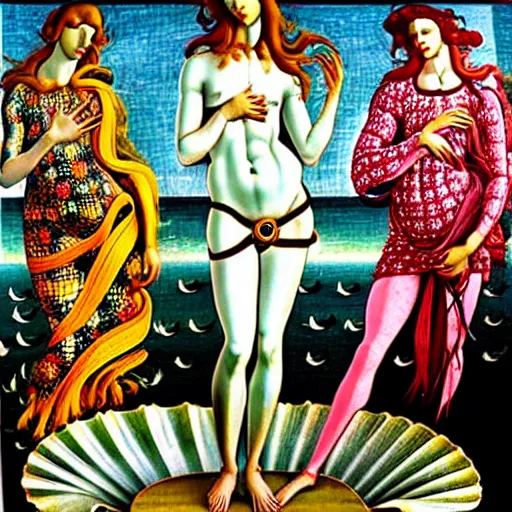 Image similar to the birth of venus gucci versace colorful intense intricate textile chiton himation cloak tunic streetwear cyberpunk modern fashion sandro botticelli