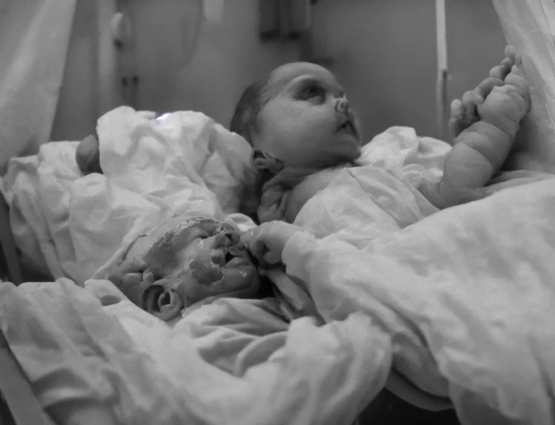 Prompt: A 2 month old infant is isolated and lying in a hospital bed in 1971, a tumor on his face, his arms and legs are hanging, A window with a white cloth and the sun , ultra detailed, blur, depth field, in the style of Eraserhead by David Lynch