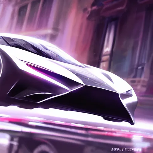 Prompt: detailed intricate digital illustration by greg rutkowski and artgerm and wlop ; 2 0 2 4 concept car electric vehicle, sharp, smooth, closeup view ; bright, glowing, led headlights and sleek design ; sharp focus, depth of field, car rig shot from the batman