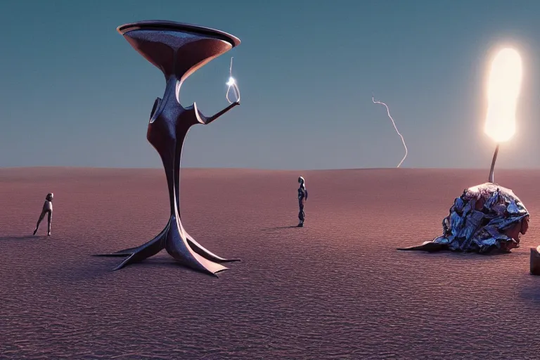 Prompt: futuristic abstract giant alien futuristic sculpture powered by lightning, in the namibian desert, debris, nocturnal, magic hour, photograph, octane render, art directed by michael whelan and stanley kubrick and pixar