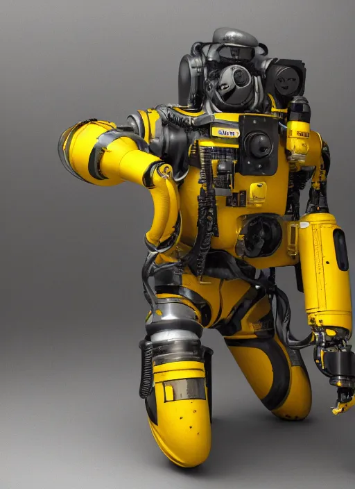 Image similar to a photorealistic dramatic hyperrealistic render of a exosuit deep sea submersible, ultra realistic details, glossy yellow, well worn, rust, oil stains by vitaly bulgarov and mike nash, beautiful dramatic dark moody tones and lighting, cinematic atmosphere, studio lighting, global illumination, shadows, dark background, octane render, 8 k