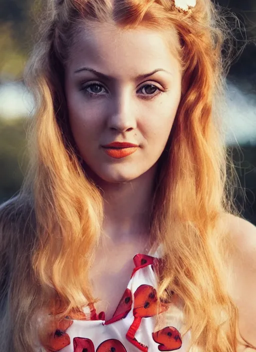 Image similar to vintage photograph of an olive skinned female model with strawberryblonde hair in her twenties, her hair pinned up, wearing a designer top, looking coy, focused on her neck, photo realistic, extreme detail skin, natural beauty, no filter, slr, golden hour, 4 k, high definition, selfie