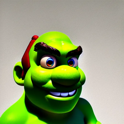 Prompt: super mario as shrek, highly detailed, extremely high quality, hd, 4 k, 8 k, canon 3 0 0 mm, professional photographer, 4 0 mp, lifelike, top - rated, award winning, realistic, detailed lighting, detailed shadows, sharp, no blur, edited, corrected, trending