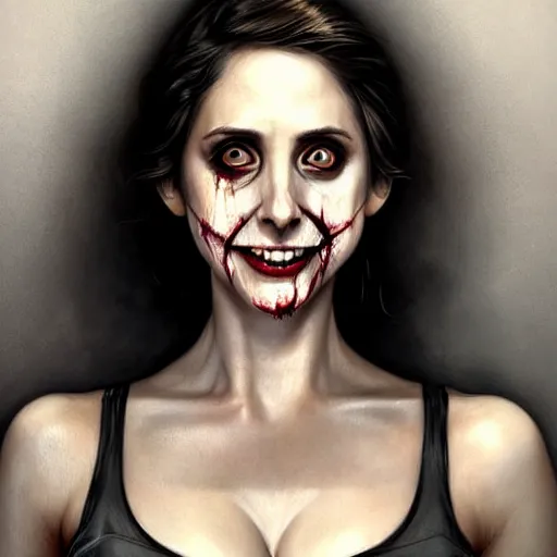 Image similar to gorgeous female Alison Brie, horror movie slasher, slasher movie, realistic character concept, violent pose, creepy smile, shorter neck, illustration, symmetrical face and body, realistic eyes, cinematic lighting, hyperdetailed, detailed realistic symmetrical eyes, face by artgerm, symmetrical nose, Tom Bagshaw, single face, insanely detailed and intricate, beautiful, elegant, dark living room background