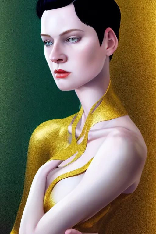 Image similar to Portrait of a beautiful pale skin Nordic female with short black hair, elegant, photorealistic, highly detailed, artstation, smooth, sharp focus, gold ornaments, neon lighting, sci-fi, art by Klimt.