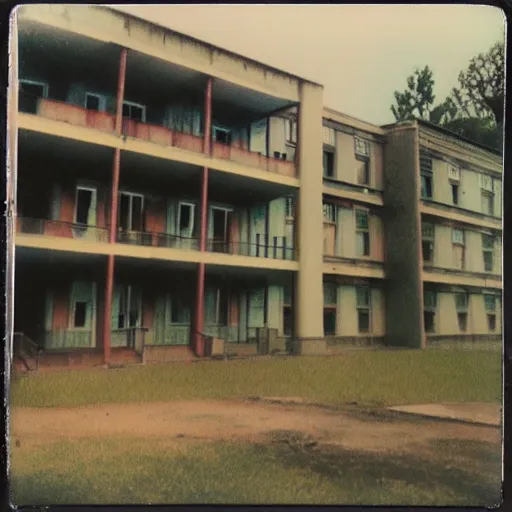 Image similar to polaroid coloured photo of a sanatorium with poltergeist paranormal activities