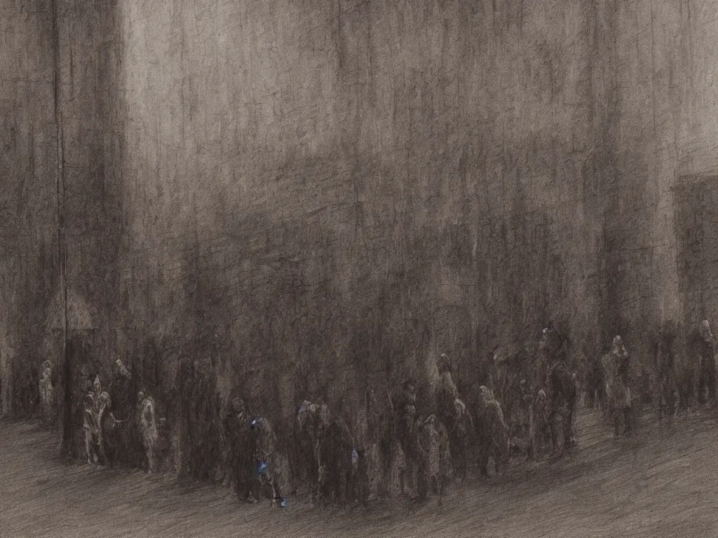 Prompt: few people waiting in a bus stop in dark city night, high quality, detailed, high resolution, in the style of zdizlaw beksinski