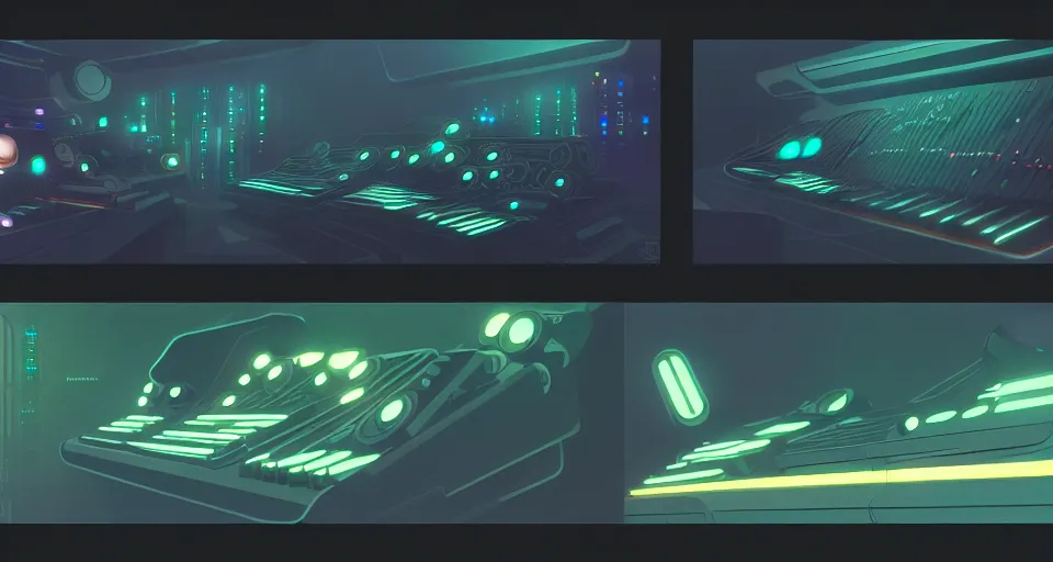 Prompt: a layout of amazing futuristic synthesizers, cinematic lighting, detailed, beautiful colors, by greg rutowski and studio ghibli