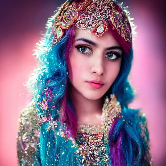 Image similar to portrait photograph of an extremely beautiful!!!! young pakistani female, Distant look on her face, natural light, wearing a diamond armor suir! Pink hair. Blue eyes. Standing on a Japanese neon lit street. looking at the camera!!. super resolution. Extremely detailed. Graflex camera!, bokeh!!!!! trending on artstation.