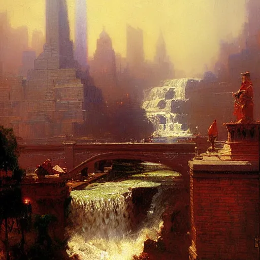 Prompt: waterfall flooding the city of new york. highly detailed painting by gaston bussiere, craig mullins, j. c. leyendecker