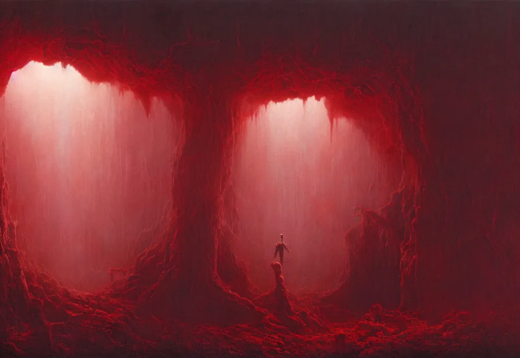 Prompt: will farrell entering a chasm full of unspeakable cosmic horrors, horror, blood red, terrifying atmosphere, atmospheric, by greg rutkowski and zdzisław beksinski, 8 k