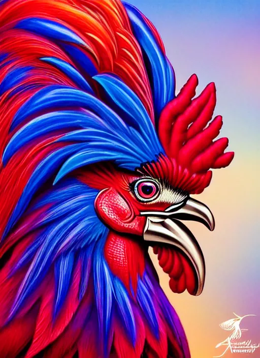 Prompt: photo of a gorgeous rooster, professionally retouched, soft lighting, realistic, colorful feathers, full body shot, torso, perfect eyes, sharp focus on eyes, 8 k, high definition, insanely detailed, intricate, elegant, art by artgerm and j scott campbell