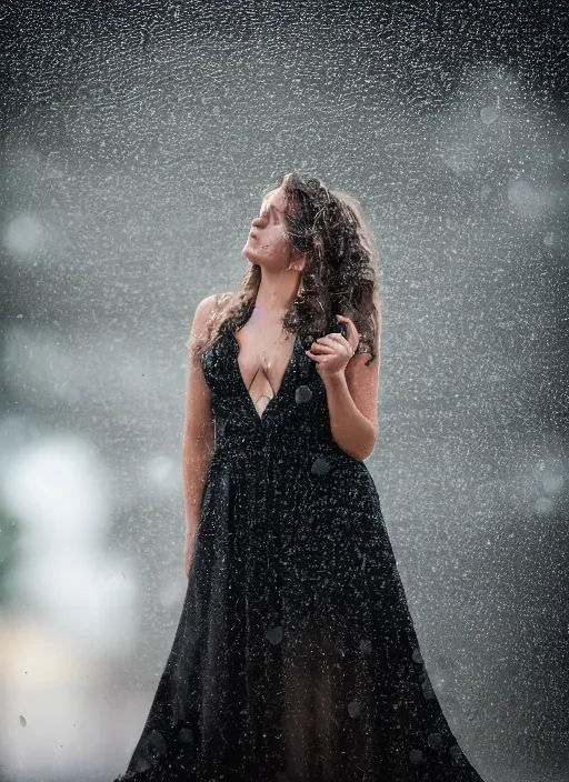 Image similar to symmetry!! a 2 8 mm macro photo of a woman in a formal gown standing in the rain, misty, morning, splash art, movie still, bokeh, canon 5 0 mm, cinematic lighting, dramatic, film, photography, golden hour, depth of field, award - winning, anamorphic lens flare, 8 k, hyper detailed, 3 5 mm film grain
