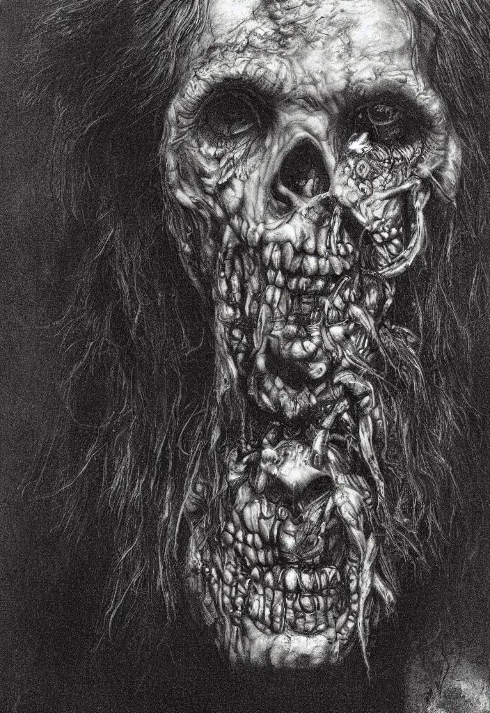 Prompt: closeup portrait of a zombie, creepy atmosphere, dark, portrait, very realistic, illustration by gustave dore