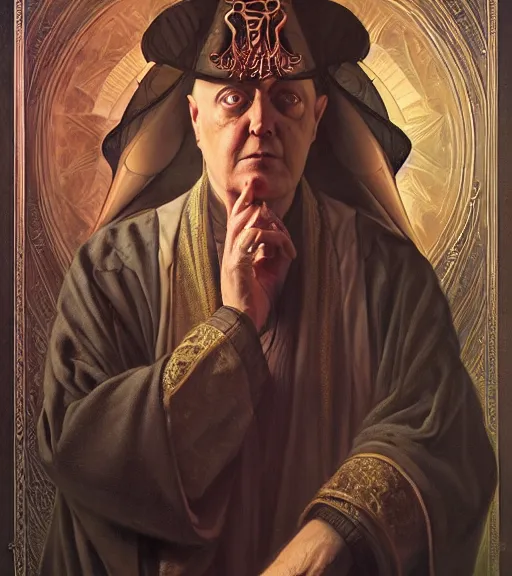 Image similar to A Magical Portrait of Aleister Crowley and the Great Mage of Thelema, art by Tom Bagshaw and Greg Simkins and Donato Giancola