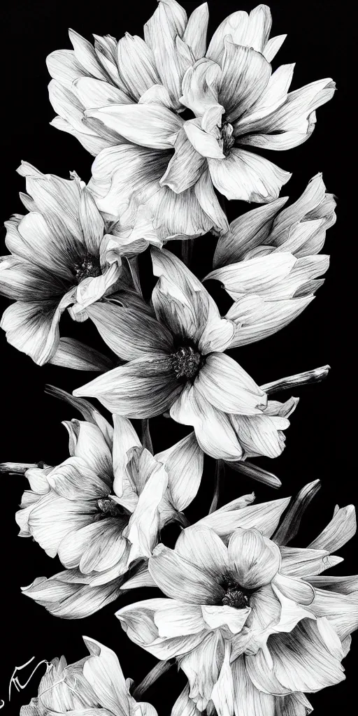 Image similar to highly detailed beautiful photography of flower, sharp focus, dramatic, dynamic, lighting, elegant, black background, harmony, beauty, masterpiece, by durero, by kim jung gi, pen draw