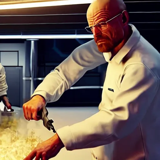 Image similar to Elon musk and Walter white cooking meth. 8k ultra realistic, award winning, unreal engine 5, masterpiece, atmosphere glow, hyperrealistic, focused, extreme details, cinematic