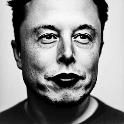 Prompt: photo of Elon Musk by Diane Arbus, black and white, high contrast, Rolleiflex, 55mm f/4 lens