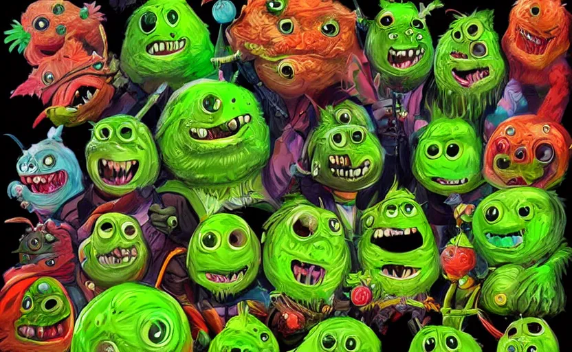 Image similar to an army of different cute green tennis ball monsters, colorful, digital art, fantasy, magic, chalk, trending on artstation, ultra detailed, detailed, fine details, professional illustration by basil gogos