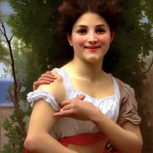 Image similar to painting of claudia vega from eva 2 0 1 1. smiling. happy. cheerful. art by william adolphe bouguereau. extremely detailed. beautiful. 8 k. award winning.