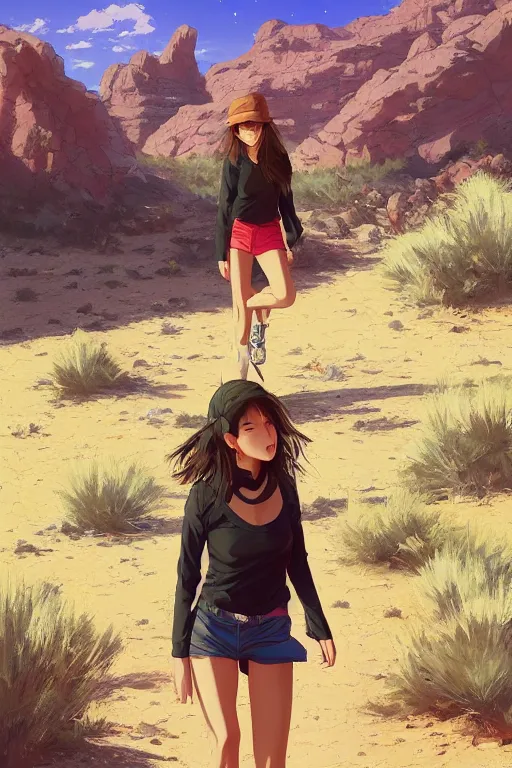 Image similar to a girl hiking in the desert, full shot, fine - face, realistic shaded perfect body details, fine details. night setting. very anime style. realistic shaded lighting, poster by ilya kuvshinov katsuhiro, magali villeneuve, artgerm, jeremy lipkin and michael garmash, rob rey and kentaro miura style, trending on art station