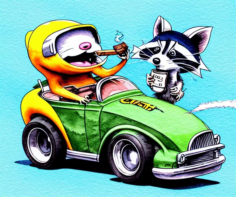 Image similar to cute and funny, racoon smoking cigar wearing a helmet riding in a tiny hot rod coupe with oversized engine, ratfink style by ed roth, centered award winning watercolor pen illustration, isometric illustration by chihiro iwasaki, edited by range murata