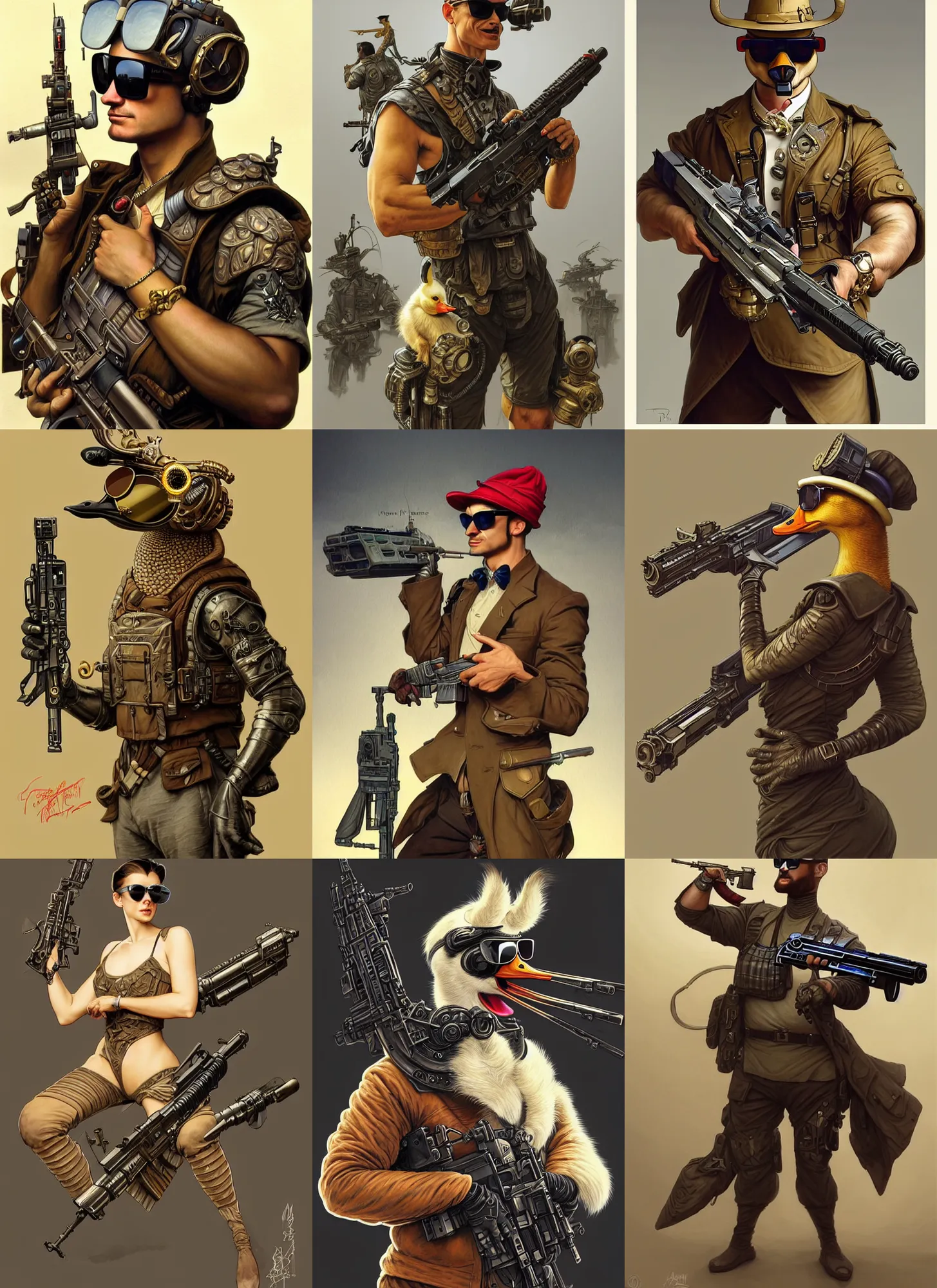 Prompt: an anthropomorphic goose wearing sunglasses holding a very massive machine gun, diffuse lighting, fantasy, intricate, elegant, highly detailed, lifelike, photorealistic, digital painting, artstation, illustration, concept art, smooth, sharp focus, art by frank frazetta and marco bucci and loish and rossdraws and artgerm and alphonse mucha