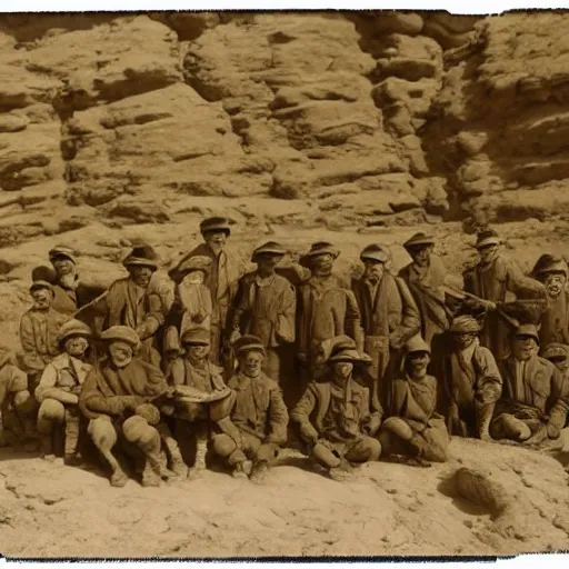 Image similar to ultra detailed photorealistic sepia - toned photo from 1 9 1 7, a small group of british soldiers standing with bedouin traders in traditional arab garb, at an archaeological dig site in wadi rum, ultra realistic, painted, intricate details, lovecraft, atmospheric, dark, horror, brooding, highly detailed, by clyde caldwell